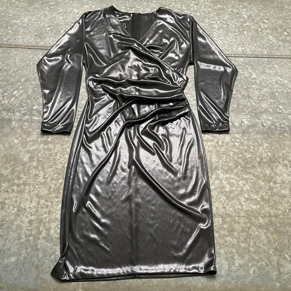 Vintage Midnight Glo Petites V-Neck Wrap Metallic Dress Small Black Gray Silver - Picture 2 of 11